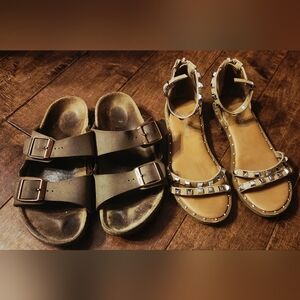 Studded Tan Sandals and Brown Buckle Slides